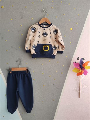 1923 - Aslan Baskılı Mevsimlik Erkek Çocuk Takım - Lacivert - Krem