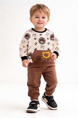 1923 - Aslan Baskılı Mevsimlik Erkek Çocuk Takım - Kahve - Beyaz