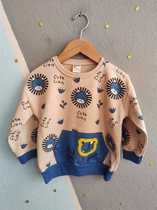 1923 - Aslan Baskılı Mevsimlik Erkek Çocuk Takım - Krem - Mavi