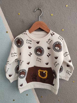 1923 - Aslan Baskılı Mevsimlik Erkek Çocuk Takım - Kahve - Beyaz