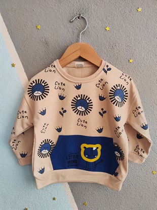 1923 - Aslan Baskılı Mevsimlik Erkek Çocuk Takım - Krem - Saks