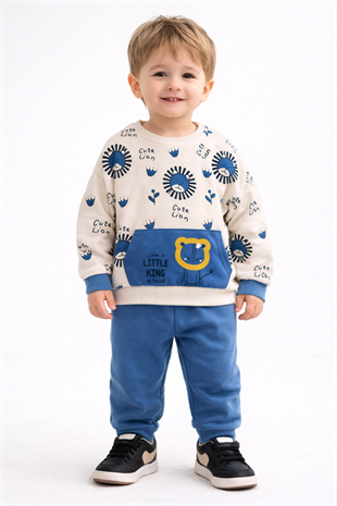 1923 - Aslan Baskılı Mevsimlik Erkek Çocuk Takım - Mavi - Beyaz
