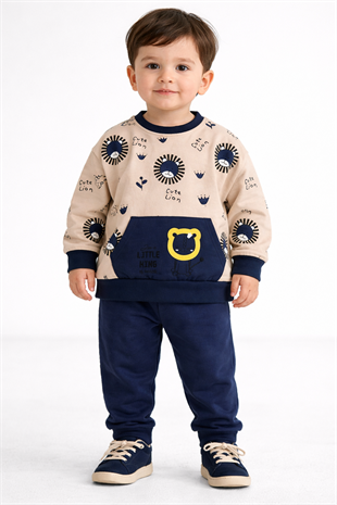 1923 - Aslan Baskılı Mevsimlik Erkek Çocuk Takım - Lacivert - Krem