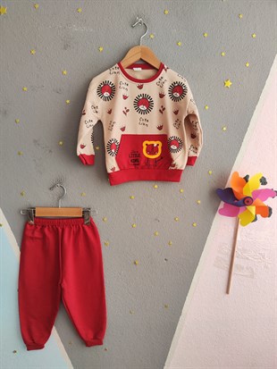 1923 - Aslan Baskılı Mevsimlik Erkek Çocuk Takım - Krem - Kırmızı