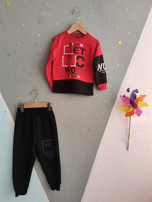 1924 - Work Baskılı Erkek Çocuk Takım - Kırmızı