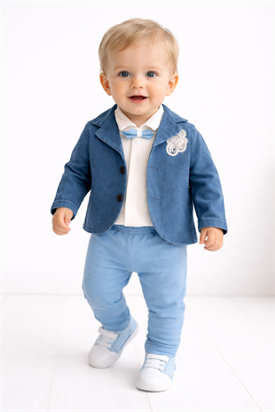 1929 - Papyonlu Ceketli Üçlü Erkek Takım - Saks - Mavi