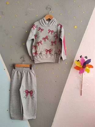 1933 - Büyük Kurdele Baskılı Kapüşonlu Kız Takım - Gri