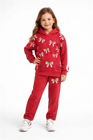 1933 - Büyük Kurdele Baskılı Kapüşonlu Kız Takım - Fuşya