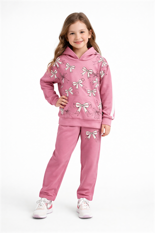 1933 - Büyük Kurdele Baskılı Kapüşonlu Kız Takım - Toz Pembe