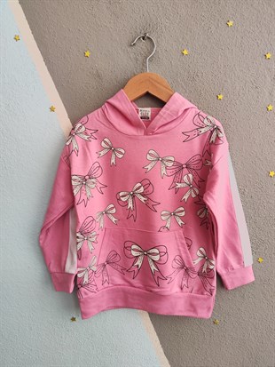 1933 - Büyük Kurdele Baskılı Kapüşonlu Kız Takım - Toz Pembe