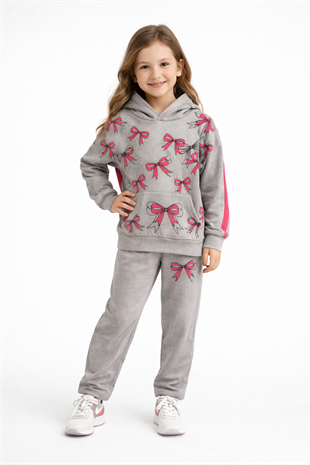 1933 - Büyük Kurdele Baskılı Kapüşonlu Kız Takım - Gri