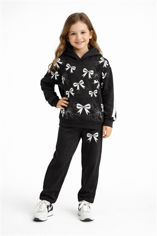 1933 - Büyük Kurdele Baskılı Kapüşonlu Kız Takım - Siyah