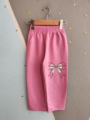 1933 - Büyük Kurdele Baskılı Kapüşonlu Kız Takım - Toz Pembe