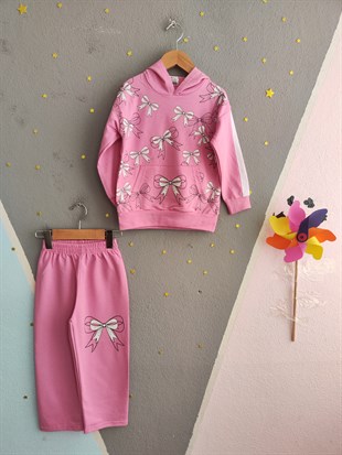 1933 - Büyük Kurdele Baskılı Kapüşonlu Kız Takım - Toz Pembe