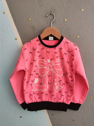 1935 - Küçük Kurdele Baskılı Kız Çocuk Takım - Neon Pembe