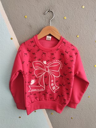 1935 - Küçük Kurdele Baskılı Kız Çocuk Takım - Nar Çiçeği