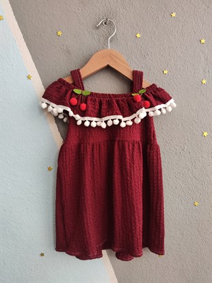 1937 - Kirazlı  Kız Elbise - Bordo