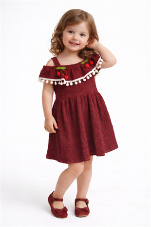 1937 - Kirazlı  Kız Elbise - Bordo