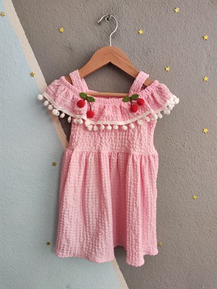 1937 - Kirazlı  Kız Elbise - Pembe