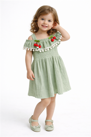 1937 - Kirazlı  Kız Elbise - Yeşil