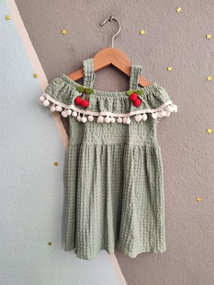 1937 - Kirazlı  Kız Elbise - Yeşil