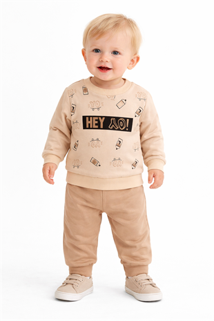 1939 -  Heyyo Baskılı Aylık Erkek Bebek Takım - Bej