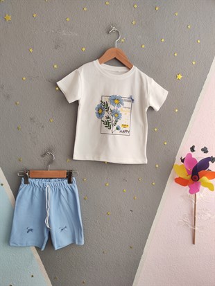 1942 - Çiçek Baskılı Petek Kumaş Kız Çocuk Takımı - Mavi