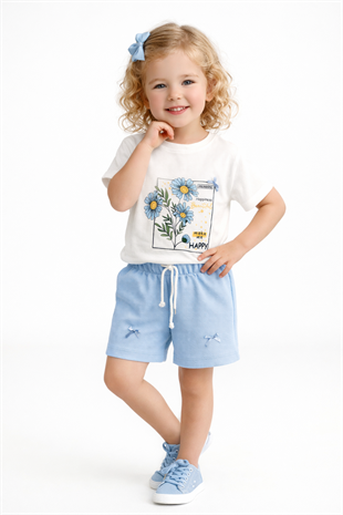 1942 - Çiçek Baskılı Petek Kumaş Kız Çocuk Takımı - Mavi