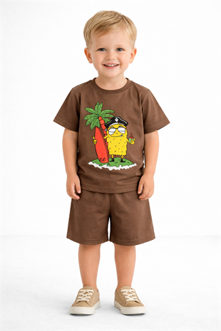 1945 - Palmiye Baskılı Erkek Çocuk Takım - Kahve