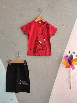 1947 - Karakter Baskılı Şortlu Erkek Çocuk Takımı - Kırmızı