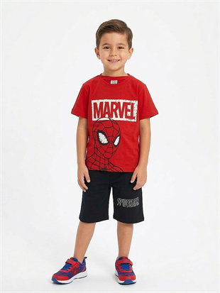 1947 - Karakter ve Yazı Baskılı Şortlu Erkek Çocuk Takımı - Kırmızı