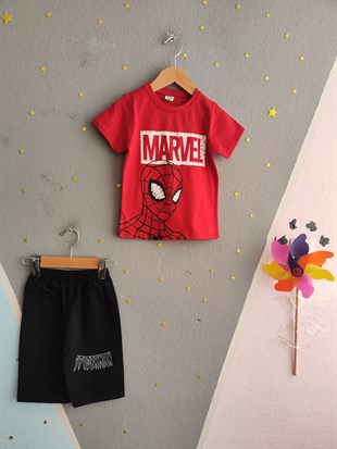 1947 - Karakter ve Yazı Baskılı Şortlu Erkek Çocuk Takımı - Kırmızı