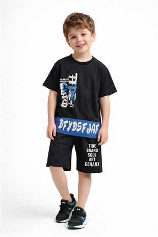 1948 - Yazı Baskılı Şortlu Erkek Çocuk Takımı - Siyah mavi