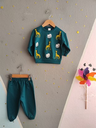 1949 - Zürafa ve Panda Baskılı Aylık Erkek Çocuk Takımı - Petrol Mavisi