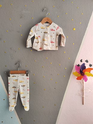 1951 -  Kendinden Patikli İş Makinası Baskılı Erkek Bebek Tulum - Kırmızı