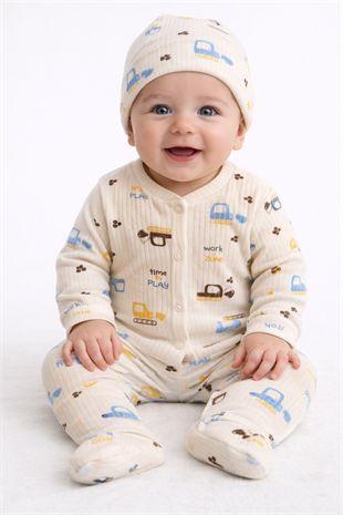 1951 -  Kendinden Patikli İş Makinası Baskılı Erkek Bebek Tulum - Mavi