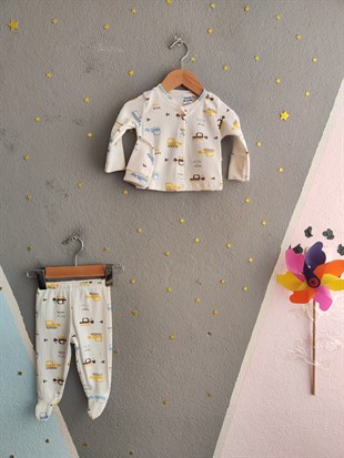 1951 -  Kendinden Patikli İş Makinası Baskılı Erkek Bebek Tulum - Mavi