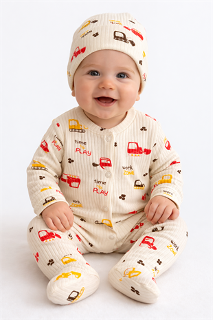 1951 -  Kendinden Patikli İş Makinası Baskılı Erkek Bebek Tulum - Kırmızı