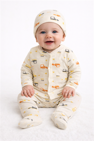 1951 -  Kendinden Patikli İş Makinası Baskılı Erkek Bebek Tulum - Turuncu