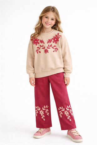 1954 - Çiçek Baskılı Kız Çocuk Takım - Vişne