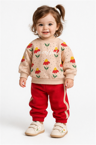 1955 - Gül Baskılı Şeritli Kız Çocuk Takım - Kırmızı