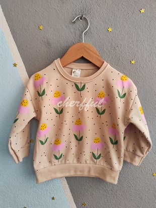 1955 - Gül Baskılı Şeritli Kız Çocuk Takım - Pembe