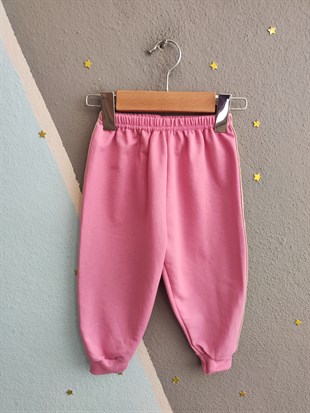 1955 - Gül Baskılı Şeritli Kız Çocuk Takım - Pembe