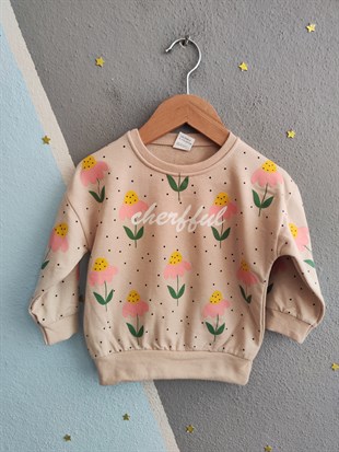 1955 - Gül Baskılı Şeritli Kız Çocuk Takım - Somon