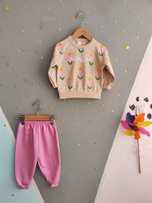 1955 - Gül Baskılı Şeritli Kız Çocuk Takım - Pembe