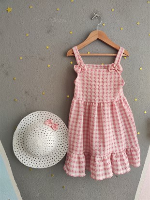1959 - Kare Desenli Şapkalı Ekose Kız Elbise - Pembe