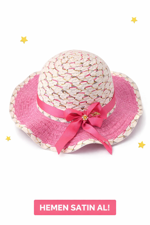 1960 - Kız Çocuk Hasır Şapka - Canlı Pembe Çiçek Detaylı