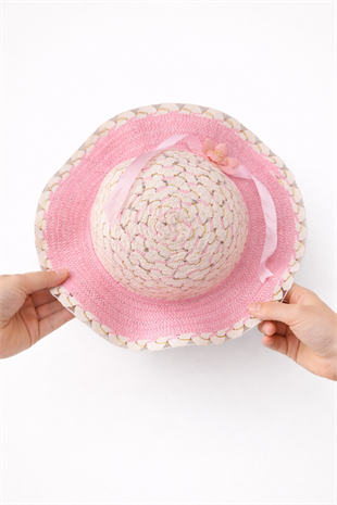 1960 - Kız Çocuk Hasır Şapka - Pembe Çiçek Detaylı