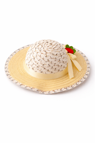 1960 - Kız Çocuk Hasır Şapka - Sarı Çiçek Detaylı