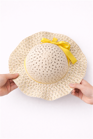 1960 - Kız Çocuk Hasır Şapka - Sarı Kurdele Detaylı